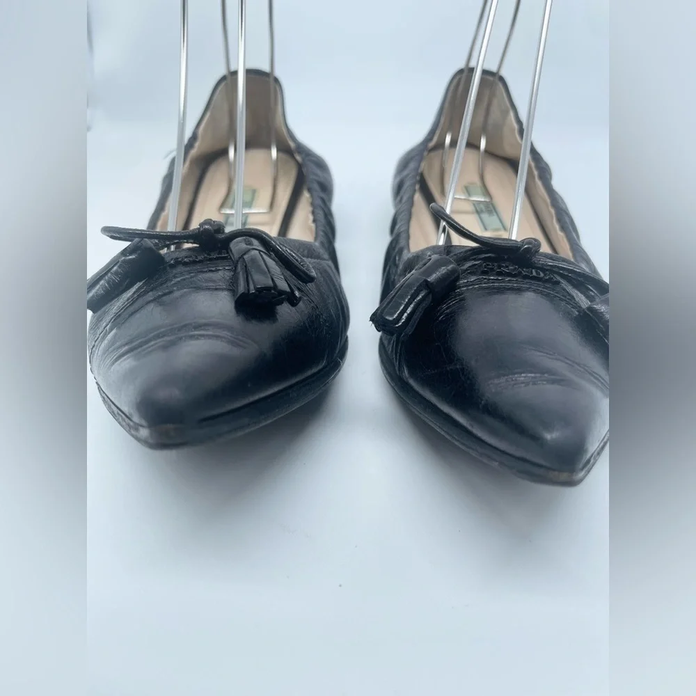 Prada Black Leather Cap toe logo embellish bow tie stretch ballerina flats EU 38